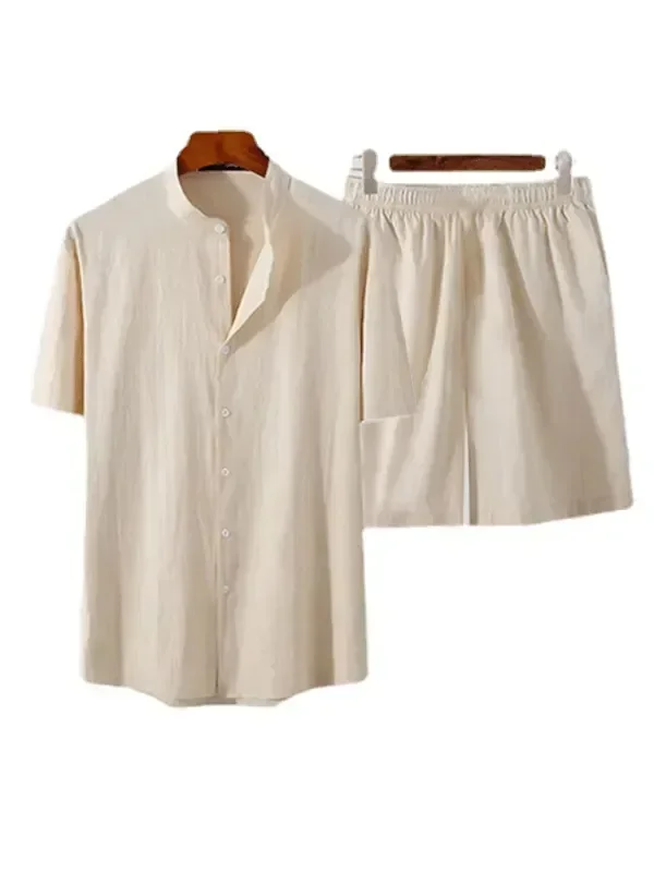 Men Casual Button-Down Summer Shorts Set - Solid Casual Shorts Two-Piece Set - LeStyleParfait