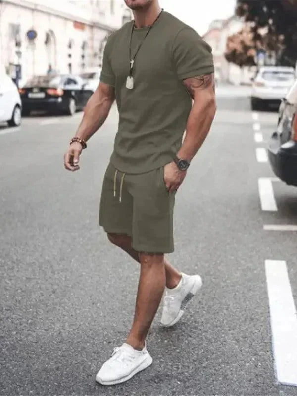 Men Casual Olive Crewneck Cotton Shorts Set - Solid Shorts Two-Piece Set - LeStyleParfait