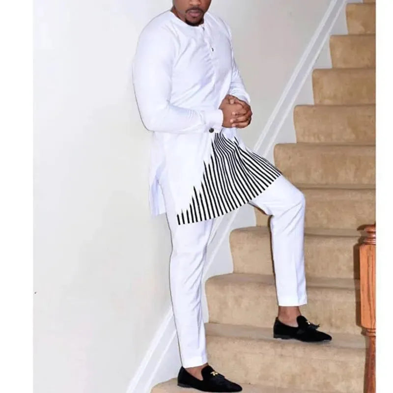 Men Classic Colorblock Embroidered Outfit Set - Colorblock Pants Two-Piece Set - LeStyleParfait