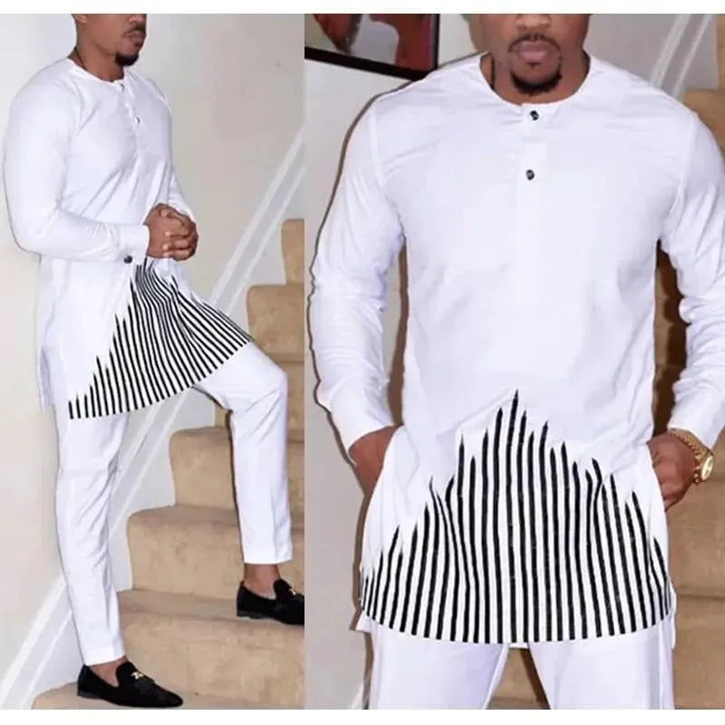 Men Classic Colorblock Embroidered Outfit Set - Colorblock Pants Two-Piece Set - LeStyleParfait