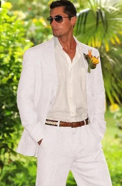 Linen White Two Piece Wedding Suit - Two Piece Suit - LeStyleParfait fashion image
