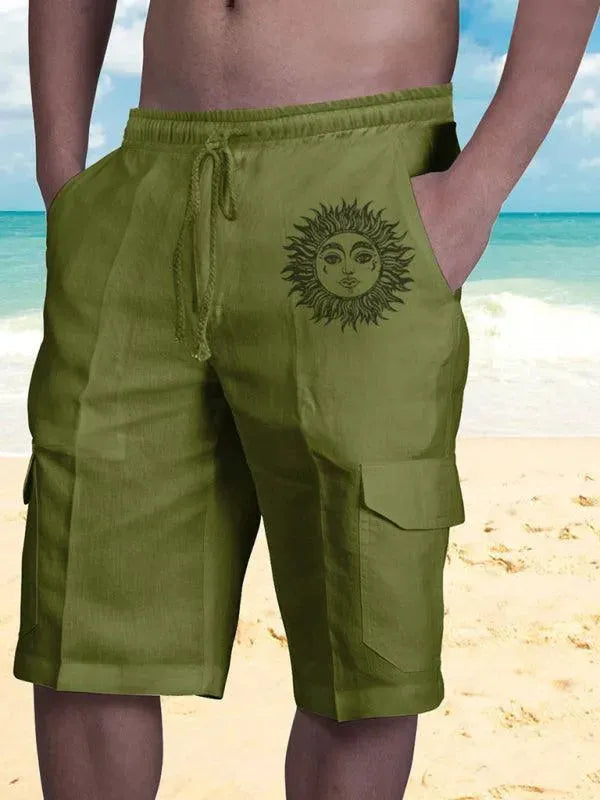 Men Linen Cargo Shorts Sunny Face - Shorts - LeStyleParfait