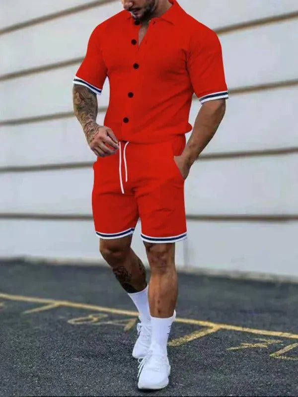 Men Minimalist Contrast Casual Shorts Set - Solid Tailored Shorts Two-Piece Set - LeStyleParfait