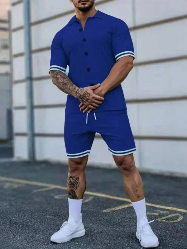 Men Minimalist Contrast Casual Shorts Set - Solid Tailored Shorts Two-Piece Set - LeStyleParfait