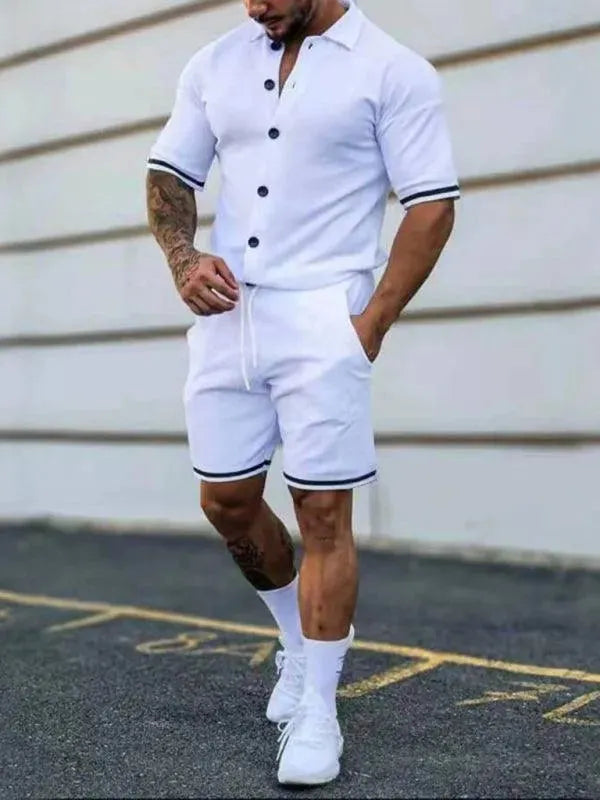 Men Minimalist Contrast Casual Shorts Set - Solid Tailored Shorts Two-Piece Set - LeStyleParfait