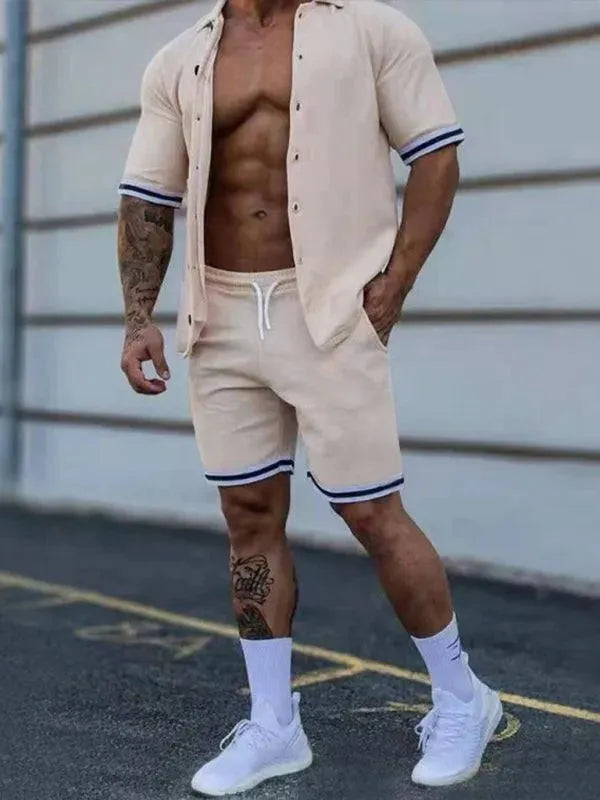 Men Minimalist Contrast Casual Shorts Set - Solid Tailored Shorts Two-Piece Set - LeStyleParfait