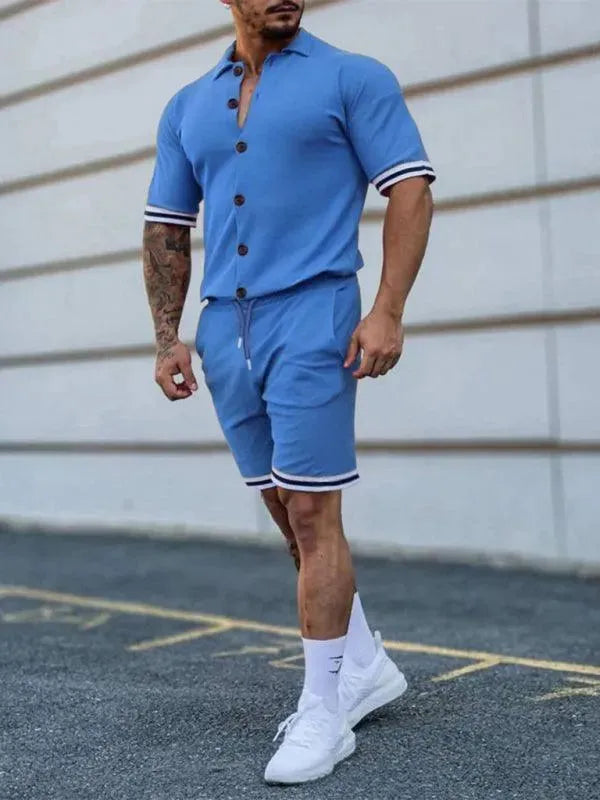Men Minimalist Contrast Casual Shorts Set - Solid Tailored Shorts Two-Piece Set - LeStyleParfait
