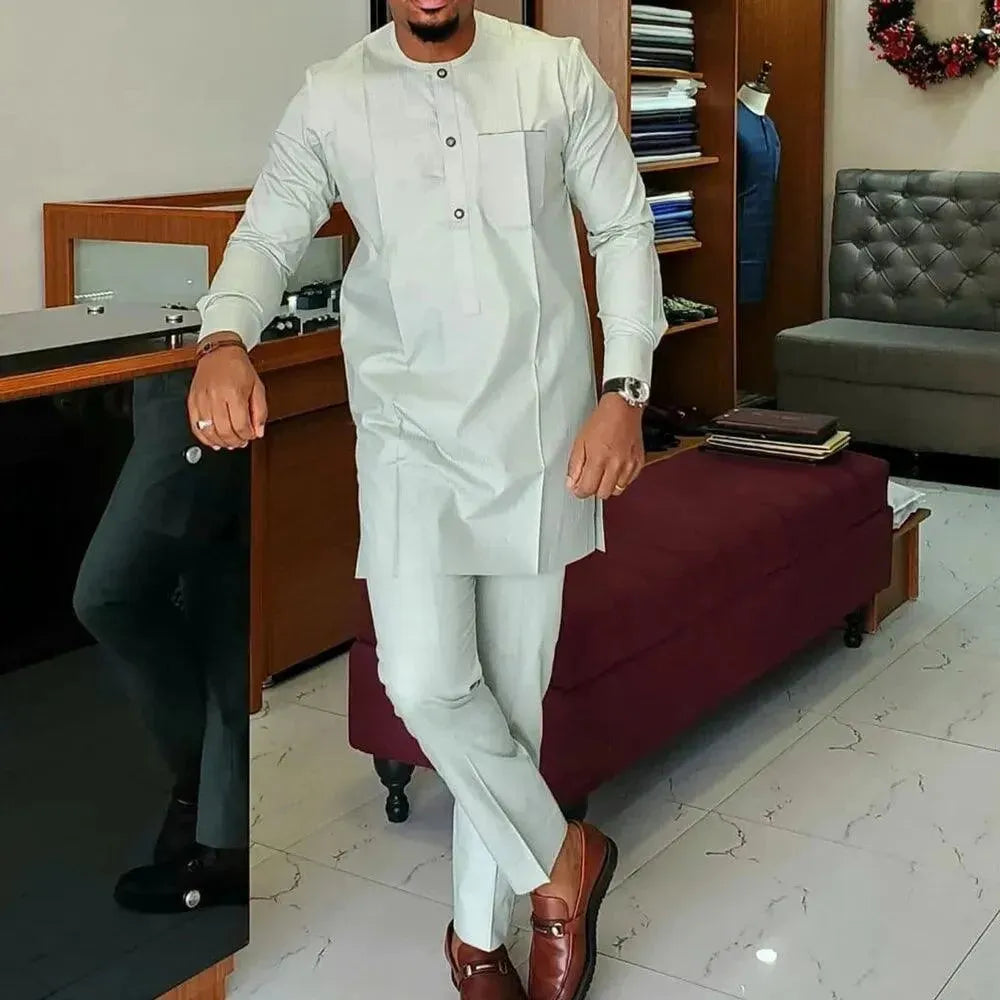 Men Polished Solid Cotton Formal Set - Solid Pants Two-Piece Set - LeStyleParfait
