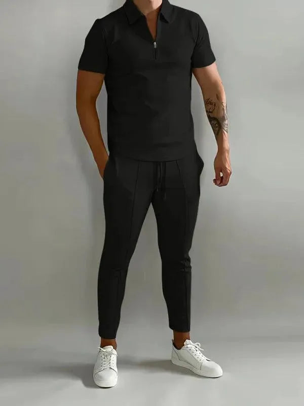 Men Trousers Set Two-Piece Outfit Solid Zipper Short Sleeve Slim Fit Cotton Spring Casual | LeStyleParfait