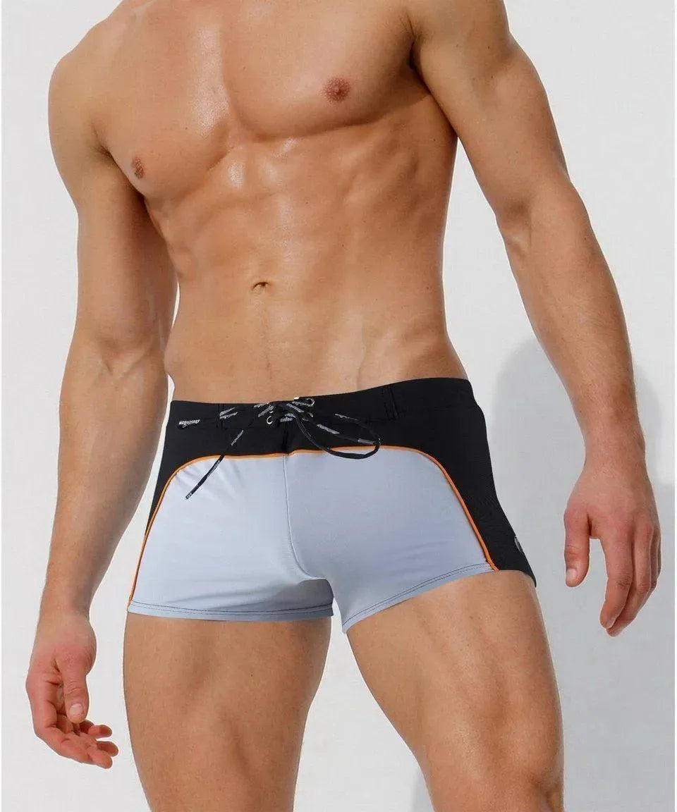 Men Red White Colorblock Swim Shorts