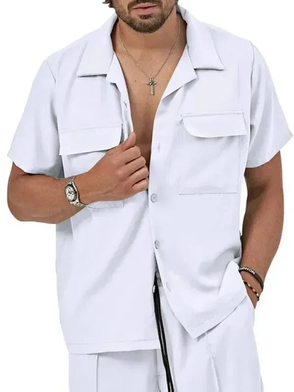 Men Shorts Set Two-Piece Outfit Solid Button-Down Short Sleeve Relaxed Fit Cotton Summer Casual | LeStyleParfait