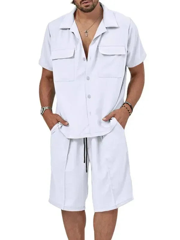 Men Shorts Set Two-Piece Outfit Solid Button-Down Short Sleeve Relaxed Fit Cotton Summer Casual | LeStyleParfait