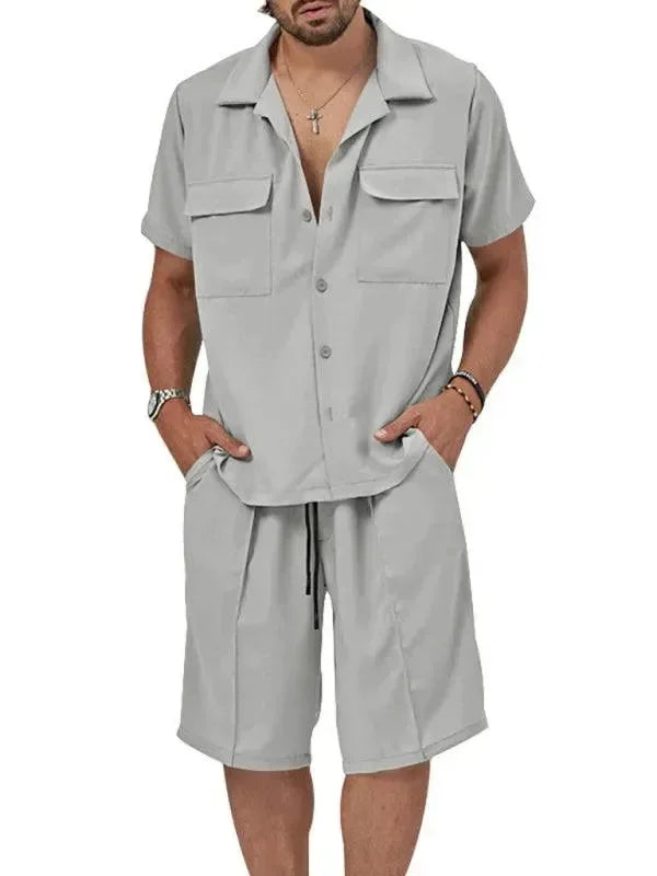 Men Shorts Set Two-Piece Outfit Solid Button-Down Short Sleeve Relaxed Fit Cotton Summer Casual | LeStyleParfait