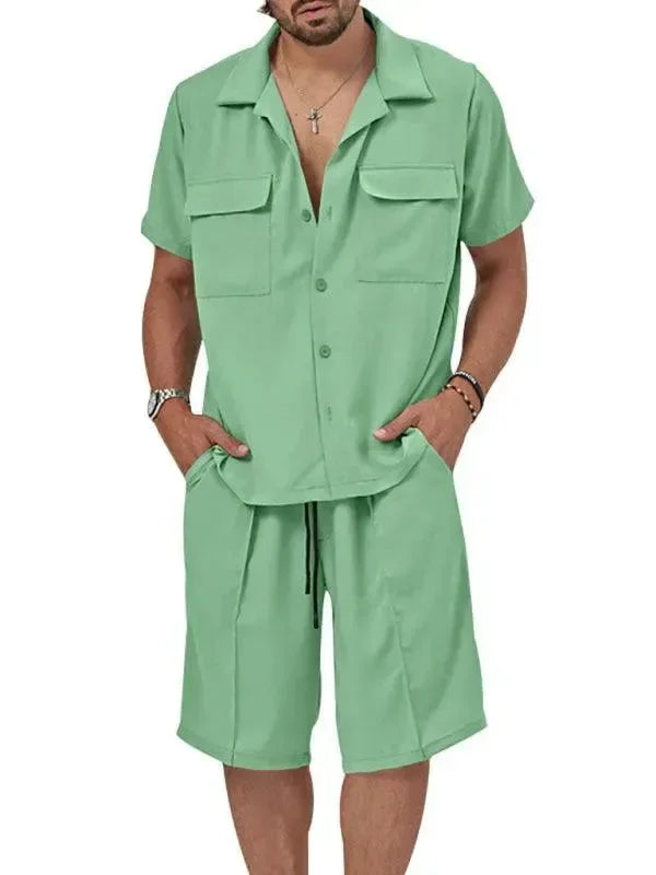 Men Shorts Set Two-Piece Outfit Solid Button-Down Short Sleeve Relaxed Fit Cotton Summer Casual | LeStyleParfait