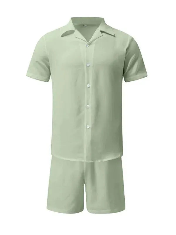 Men Relaxed Casual Linen Shorts Set - Solid Casual Shorts Two-Piece Set - LeStyleParfait