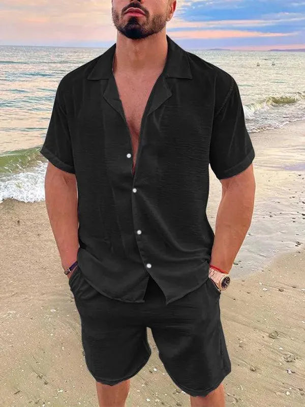 Men Relaxed Casual Linen Shorts Set - Solid Casual Shorts Two-Piece Set - LeStyleParfait