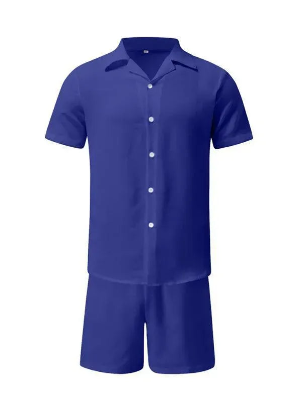 Men Relaxed Casual Linen Shorts Set - Solid Casual Shorts Two-Piece Set - LeStyleParfait