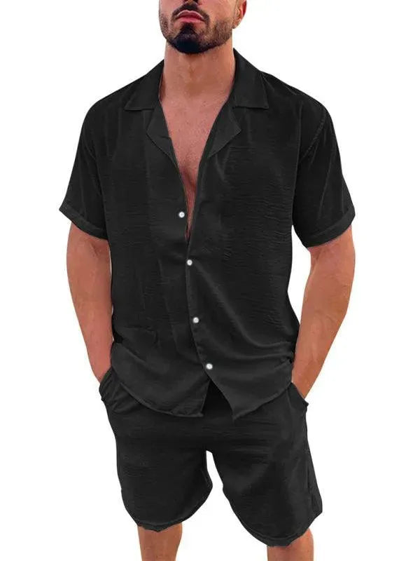 Men Relaxed Casual Linen Shorts Set - Solid Casual Shorts Two-Piece Set - LeStyleParfait fashion image
