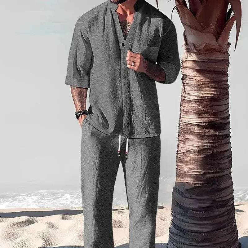 Men Relaxed Casual Linen Two-Piece Set - Solid Casual Pants Two-Piece Set - LeStyleParfait fashion image