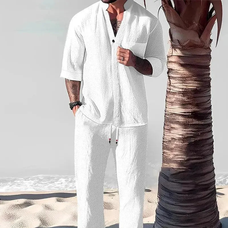 Men Relaxed Casual Linen Two-Piece Set - Solid Casual Pants Two-Piece Set - LeStyleParfait