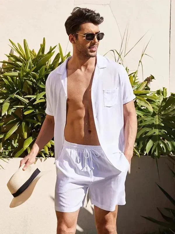 Men Relaxed Casual Olive Shorts Set - Solid Casual Shorts Two-Piece Set - LeStyleParfait