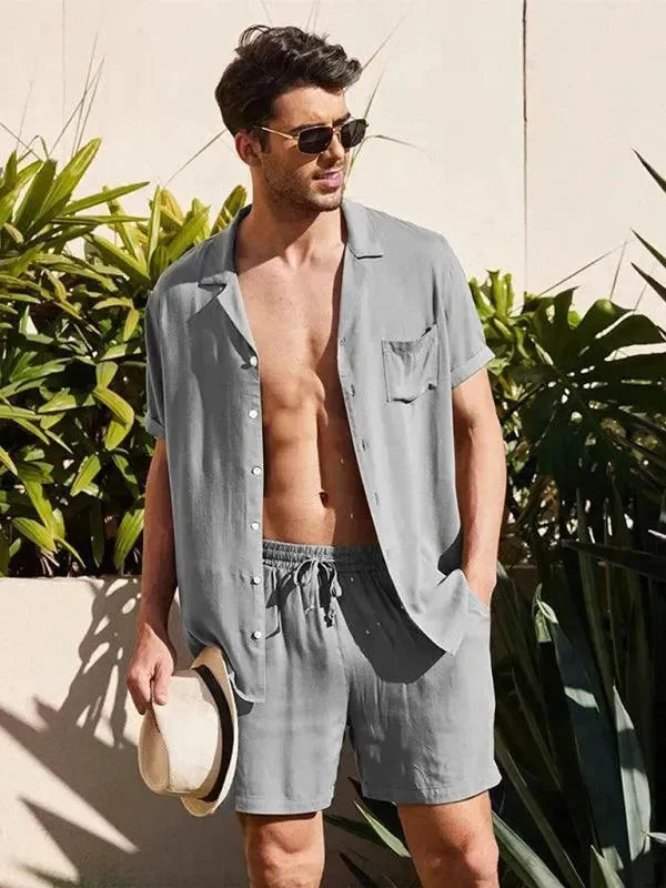 Men Relaxed Casual Olive Shorts Set - Solid Casual Shorts Two-Piece Set - LeStyleParfait