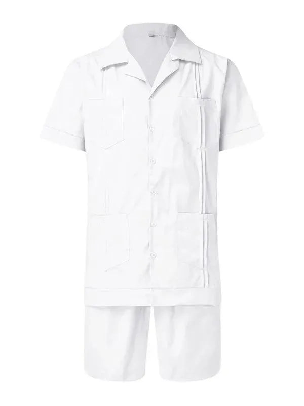 Men Relaxed Casual White Cotton Shorts Set - Solid Casual Shorts Two-Piece Set - LeStyleParfait