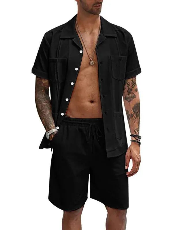 Men Relaxed Casual White Cotton Shorts Set - Solid Casual Shorts Two-Piece Set - LeStyleParfait