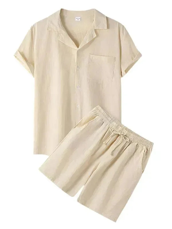 Men Relaxed Classic Linen Shorts Set - Solid Shorts Two-Piece Set - LeStyleParfait