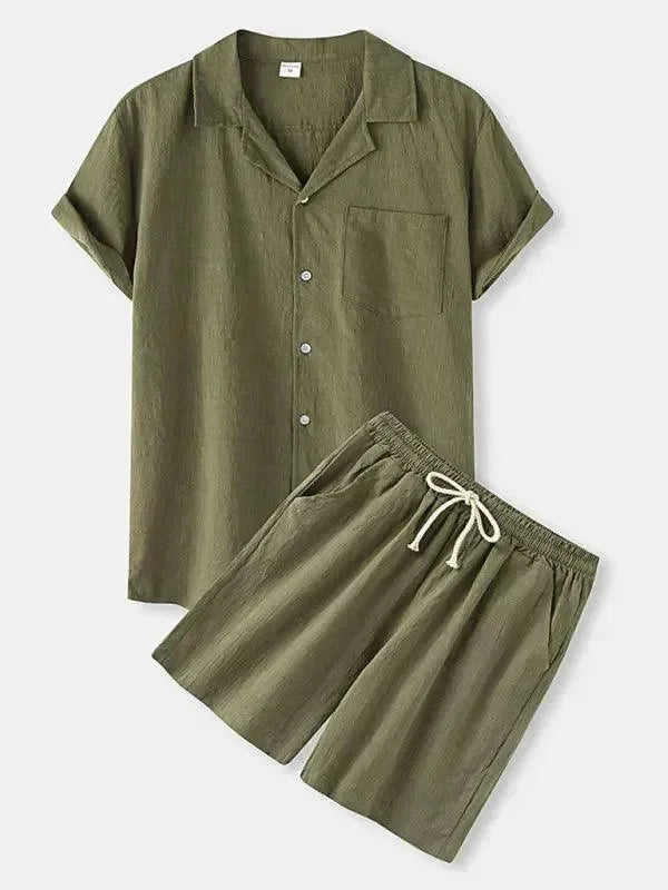 Men Relaxed Classic Linen Shorts Set - Solid Shorts Two-Piece Set - LeStyleParfait