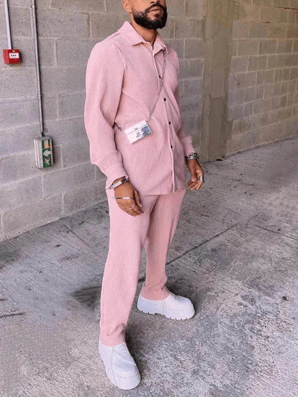 Men Casual Set Two-Piece Striped Button-Down Long Sleeve Relaxed Fit Cotton Spring Casual | LeStyleParfait