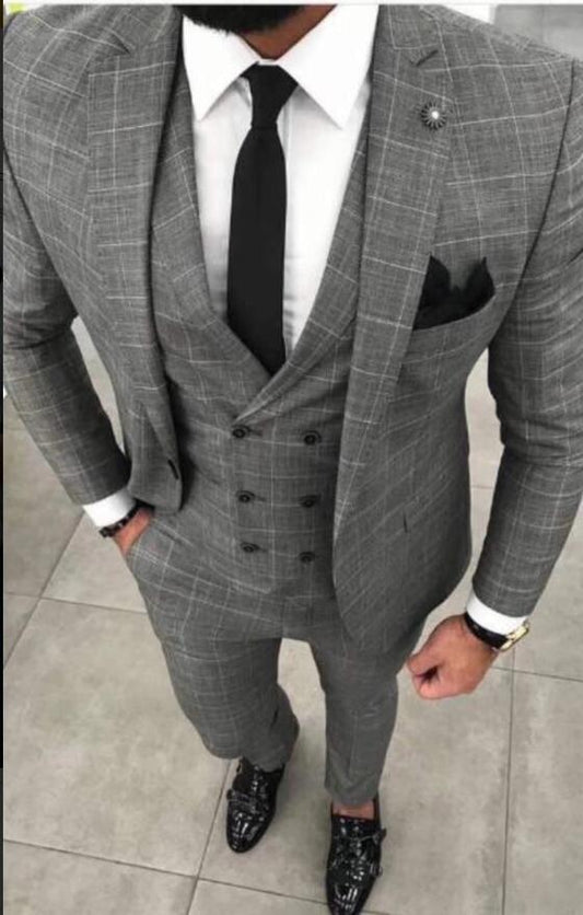 Men's Plaid Suit Plus Size Three Piece Men's Suit Grey - Suit - LeStyleParfait Kenya
