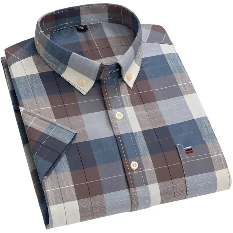 Men's Short Sleeve Plaid Cotton Shirt - Plaid Shirt - LeStyleParfait