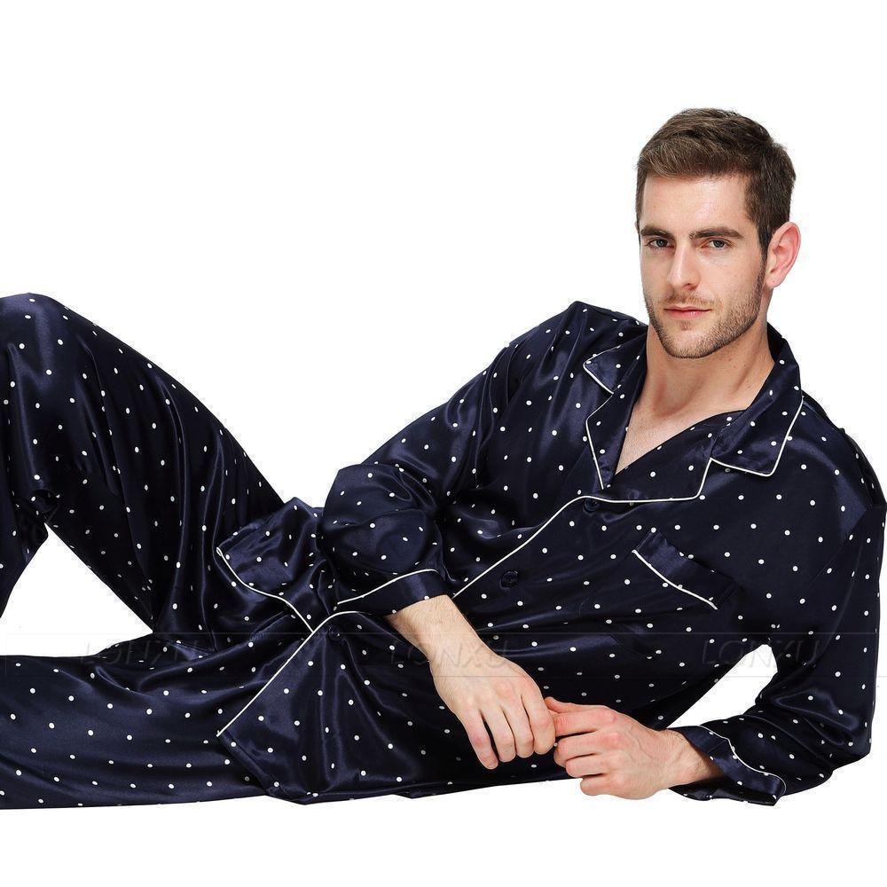 Men's Silk Satin Pajamas Set Dotted Sleepwear Pants Set - Sleepwear - LeStyleParfait Kenya