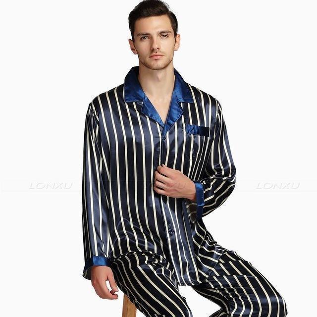 Men's Sleepwear Set Silk Satin Pajamas Set Striped - Sleepwear - LeStyleParfait Kenya