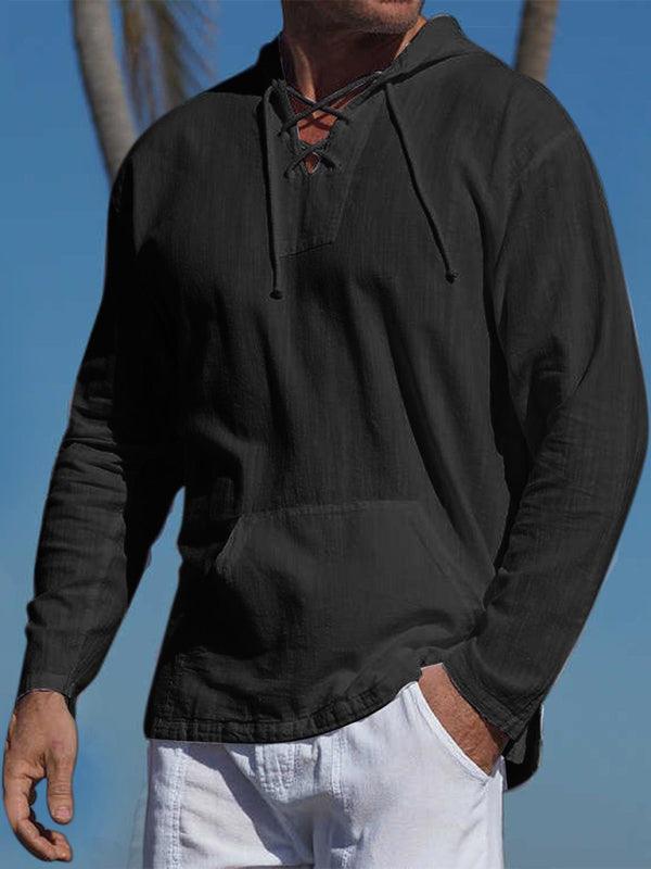 Men's Solid Color Adjustable Cross Straps Neck-line Hooded Knit Top - Hoodie - LeStyleParfait Kenya