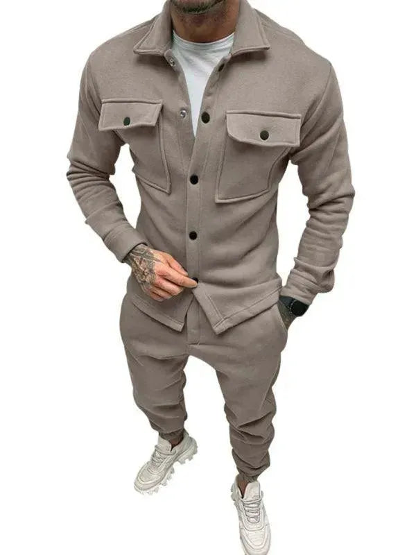 Men Stylish Buttoned Jogger Two-Piece Set - Solid Jogger Two-Piece Set - LeStyleParfait
