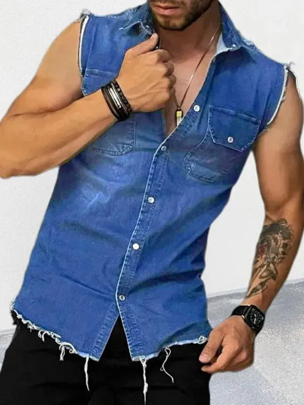 Men's Distressed Sleeveless Denim Shirt-Men Shirts-LeStyleParfait