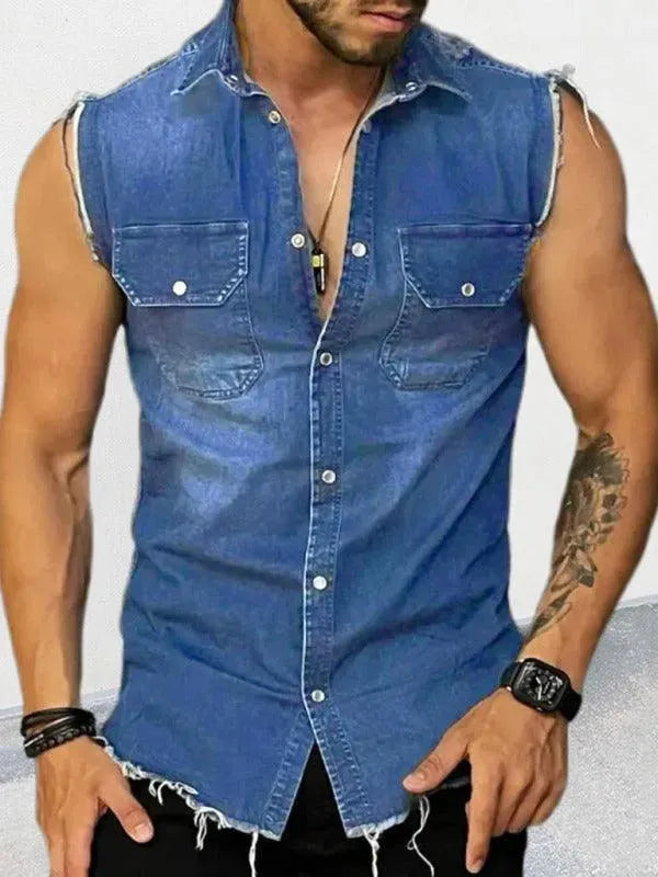Men's Distressed Sleeveless Denim Shirt-Men Shirts-LeStyleParfait