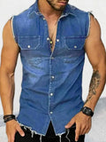 Men's Distressed Sleeveless Denim Shirt-Men Shirts-LeStyleParfait