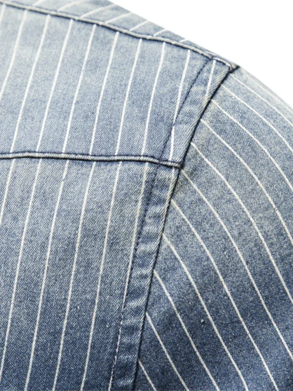Men's Distressed Striped Denim Shirt-Men Shirts-LeStyleParfait