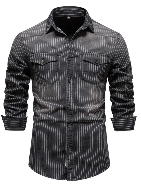 Men's Distressed Striped Denim Shirt-Men Shirts-LeStyleParfait