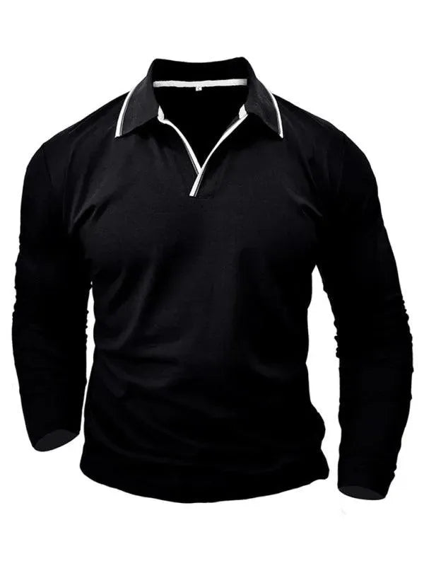 Men's Long-Sleeved V-Neck Lapel Polo Shirt-Polo Shirt-LeStyleParfait