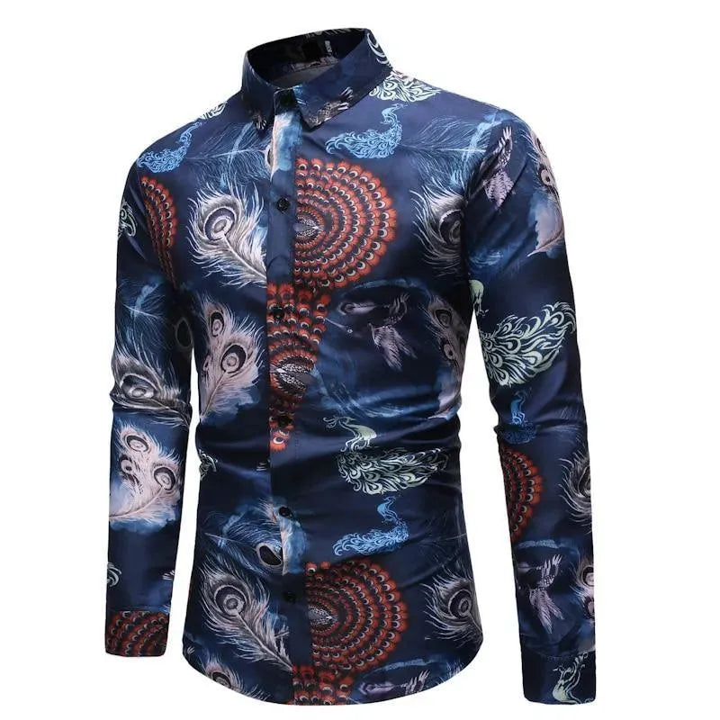 Men's Peacock Print Casual Shirt-Men Shirts-LeStyleParfait