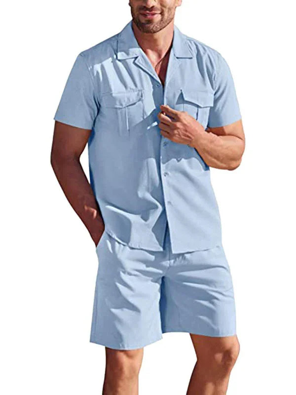 Men's Short-sleeved Shirt Set Casual Cotton Linen Shirt + Shorts-LeStyleParfait fashion image