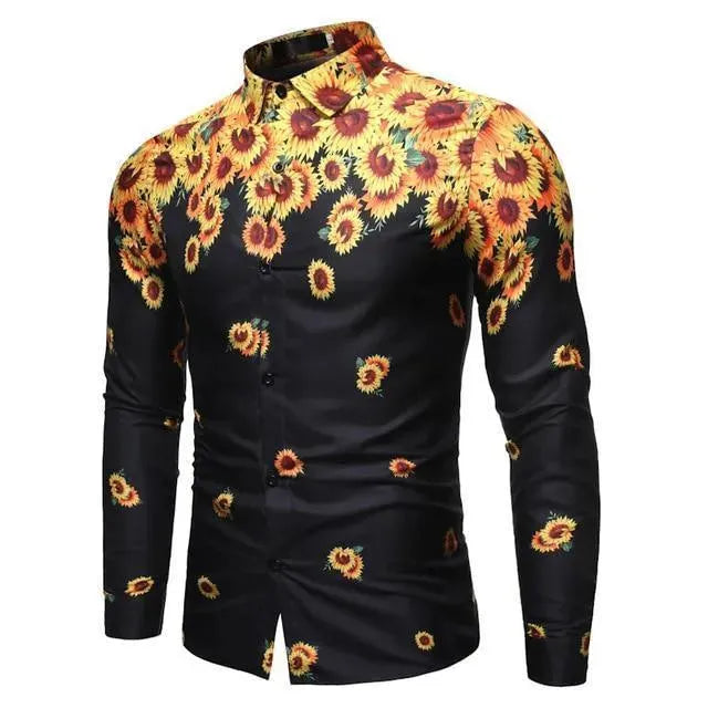 Men's Sunflower Print Casual Shirt-Men Shirts-LeStyleParfait