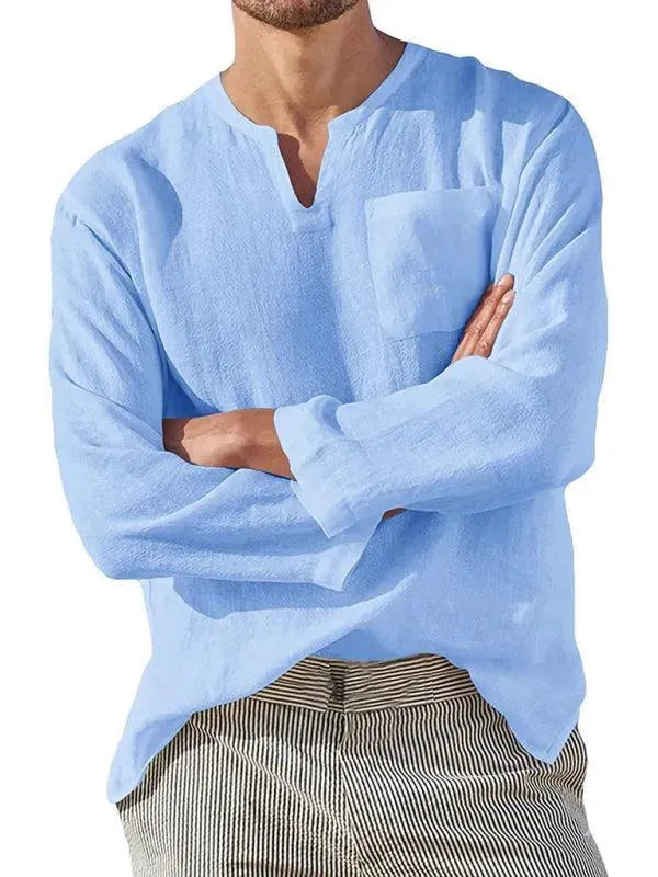 Men's V-Neck Linen Shirt-Men Shirts-LeStyleParfait fashion image