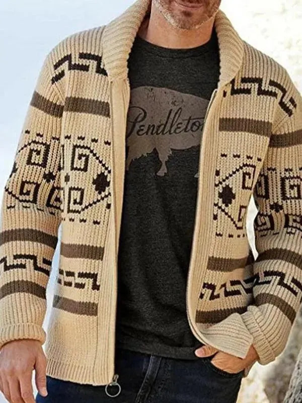 Men’s Zip Jacquard Cardigan Sweater – V-Neck Style