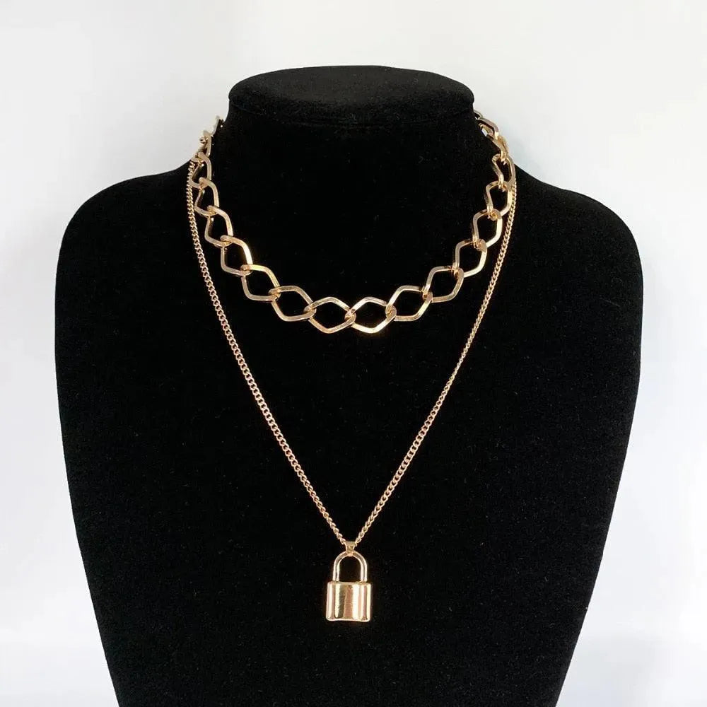Multi-Layered Lock Pendant Necklace - Pendant Necklace - LeStyleParfait