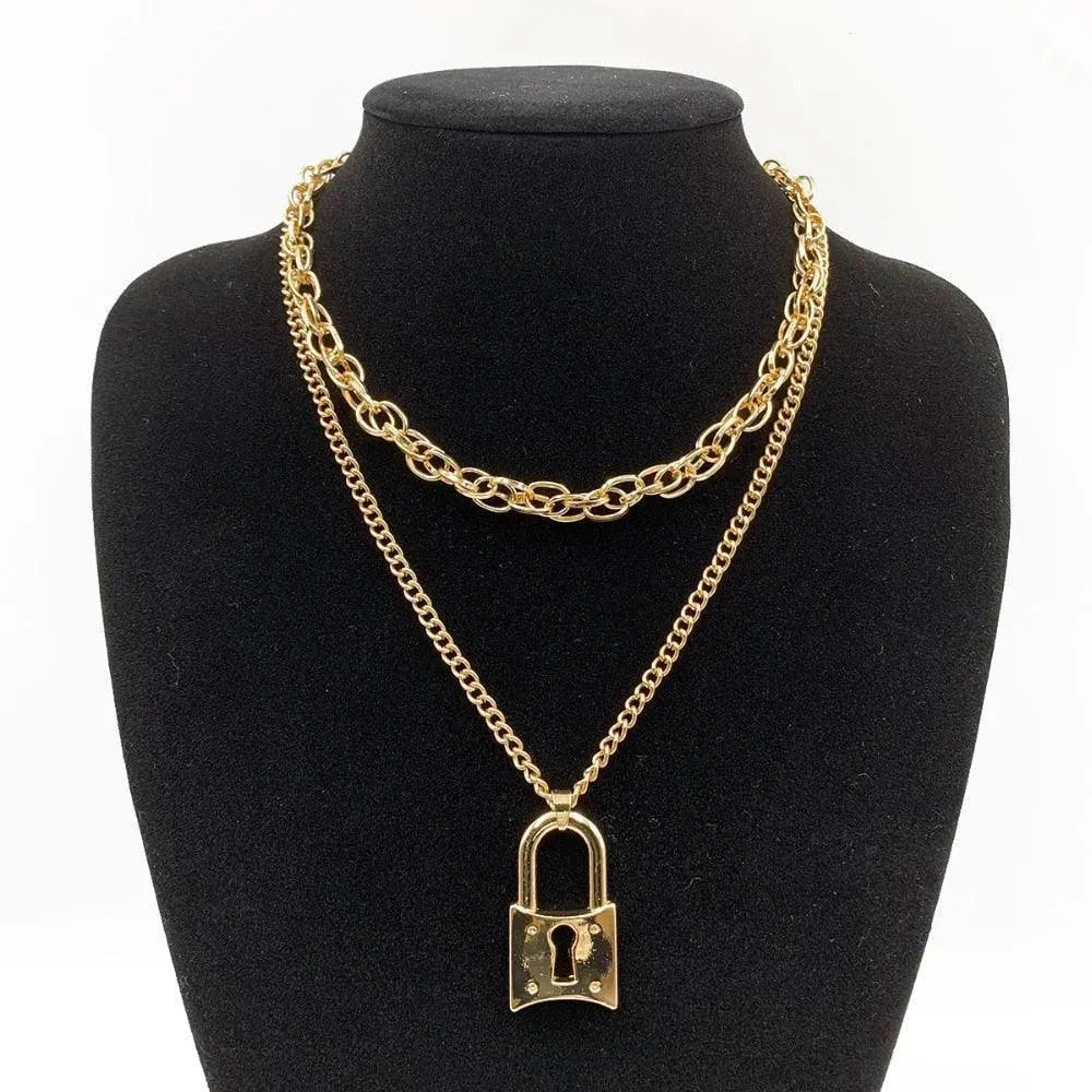 Multi-Layered Lock Pendant Necklace - Pendant Necklace - LeStyleParfait
